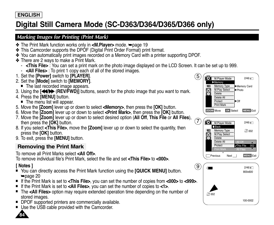 Marking images for printing (print mark), Removing the print mark, English | Dpof supported printers are commercially available, Use the usb cable provided with the camcorder | Samsung digital SC-D363 User Manual | Page 88 / 111