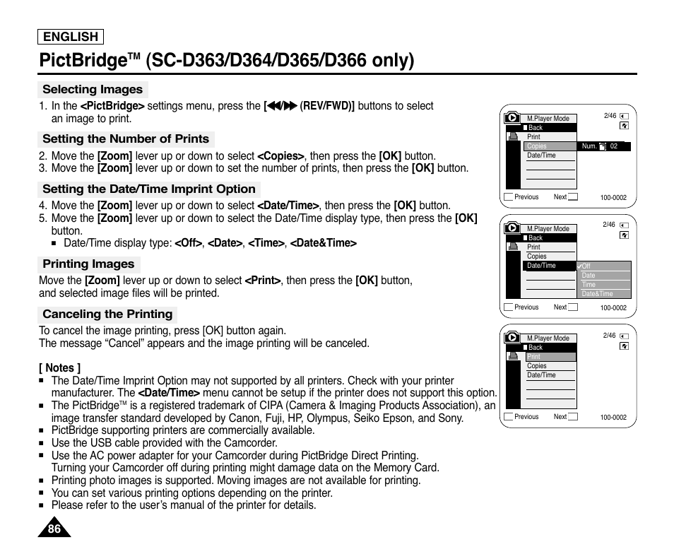 Selecting images, Setting the number of prints, Setting the date/time imprint option | Printing images, Canceling the printing, Pictbridge, English | Samsung digital SC-D363 User Manual | Page 90 / 111