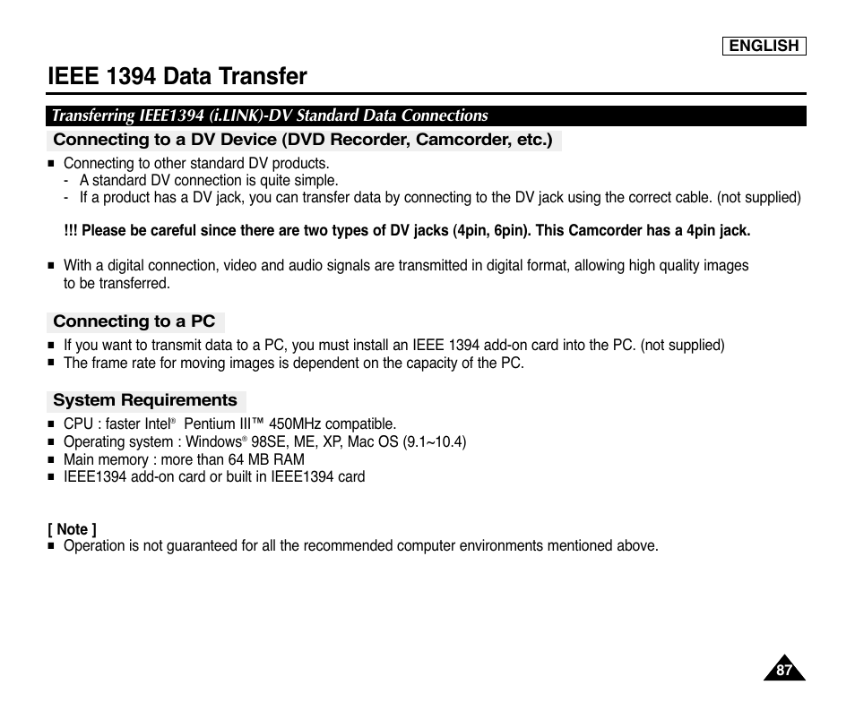 Ieee 1394 data transfer, Connecting to a pc, System requirements | Samsung digital SC-D363 User Manual | Page 91 / 111