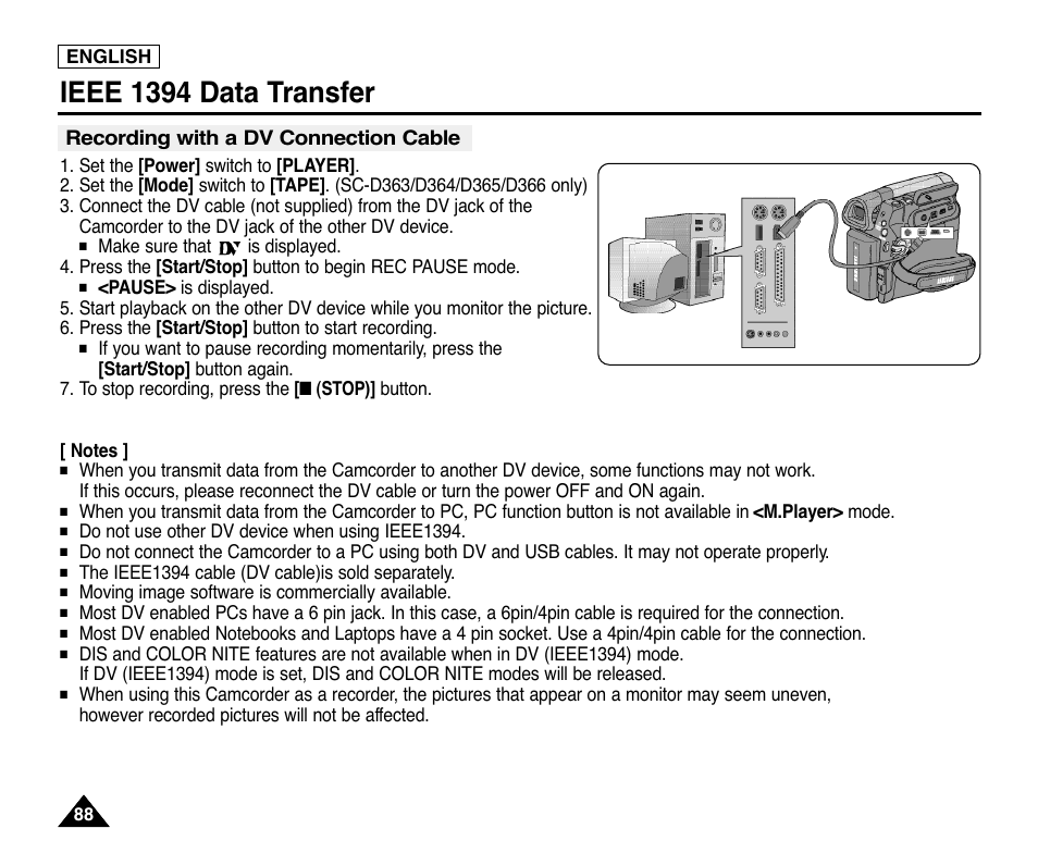 Recording with a dv connection cable, Ieee 1394 data transfer | Samsung digital SC-D363 User Manual | Page 92 / 111