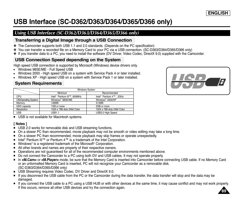 Usb interface (sc-d362/d363/d364/d365/d366 only), Usb connection speed depending on the system, System requirements | English | Samsung digital SC-D363 User Manual | Page 93 / 111