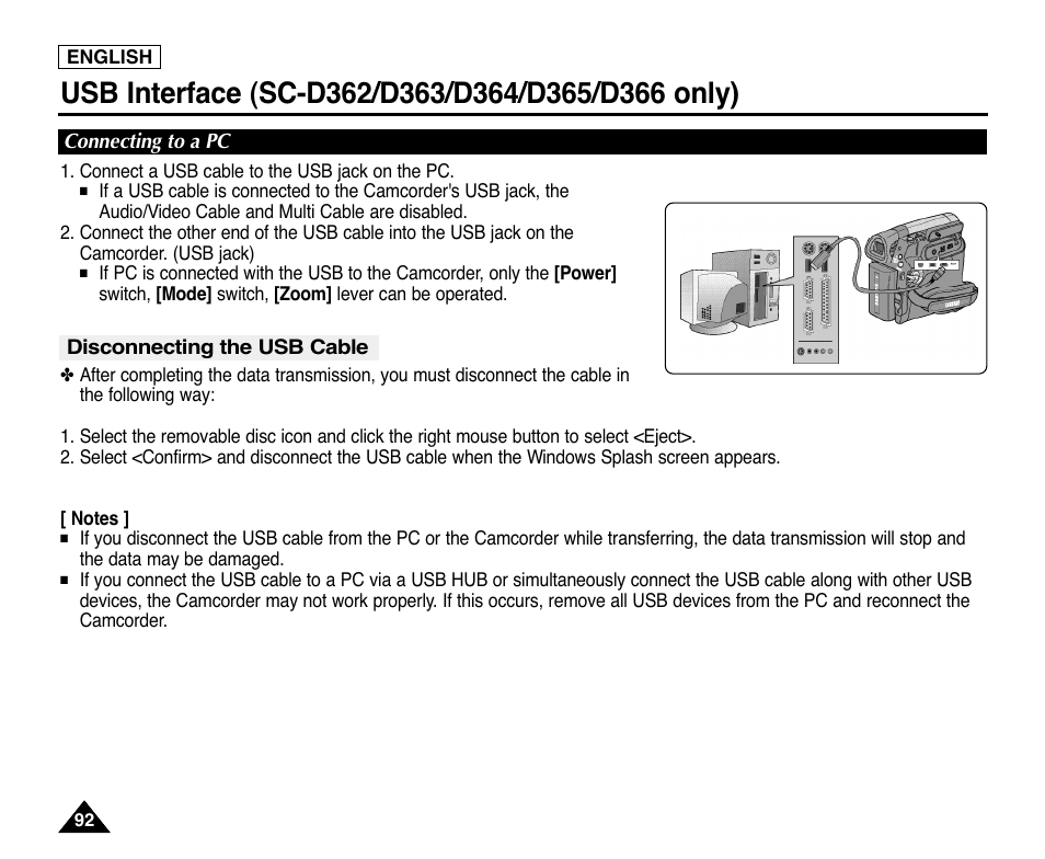 Connecting to a pc, Disconnecting the usb cable | Samsung digital SC-D363 User Manual | Page 96 / 111