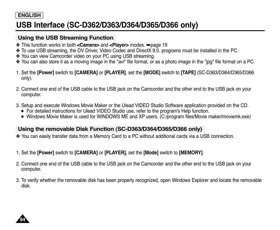 Using the usb streaming function | Samsung digital SC-D363 User Manual | Page 98 / 111