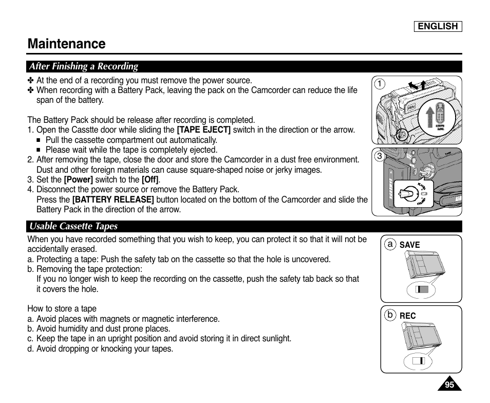 Maintenance, After finishing a recording, Usable cassette tapes | Samsung digital SC-D363 User Manual | Page 99 / 111