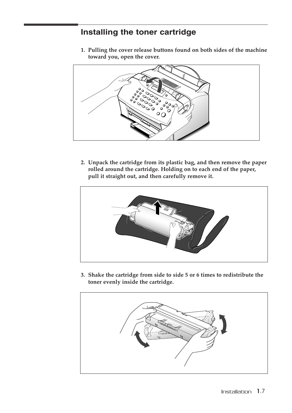 Installing the toner cartridge | Samsung SF-515 User Manual | Page 16 / 48