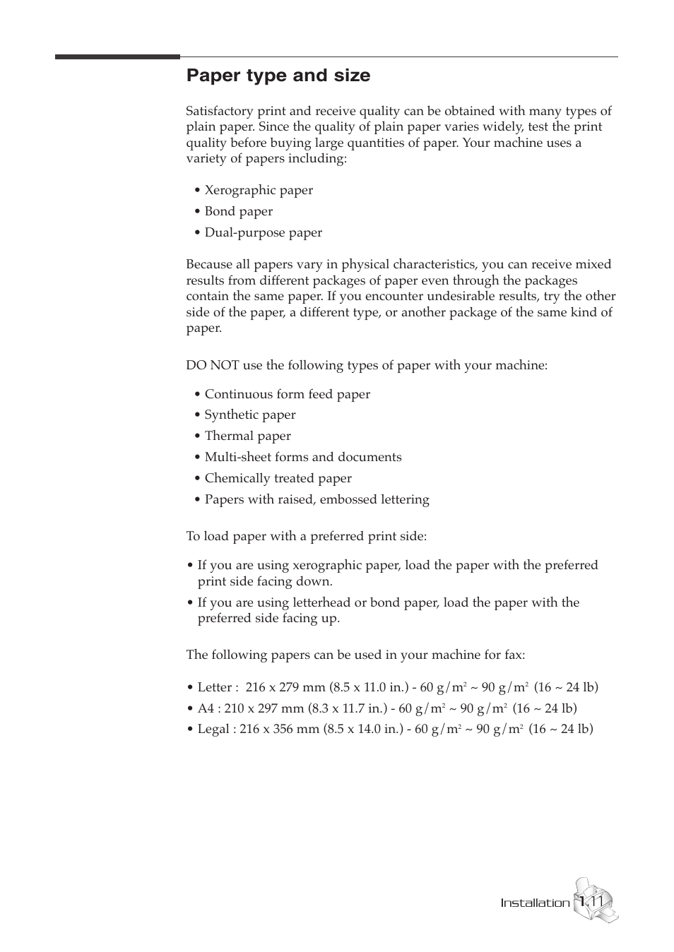 Paper type and size | Samsung SF-515 User Manual | Page 20 / 48