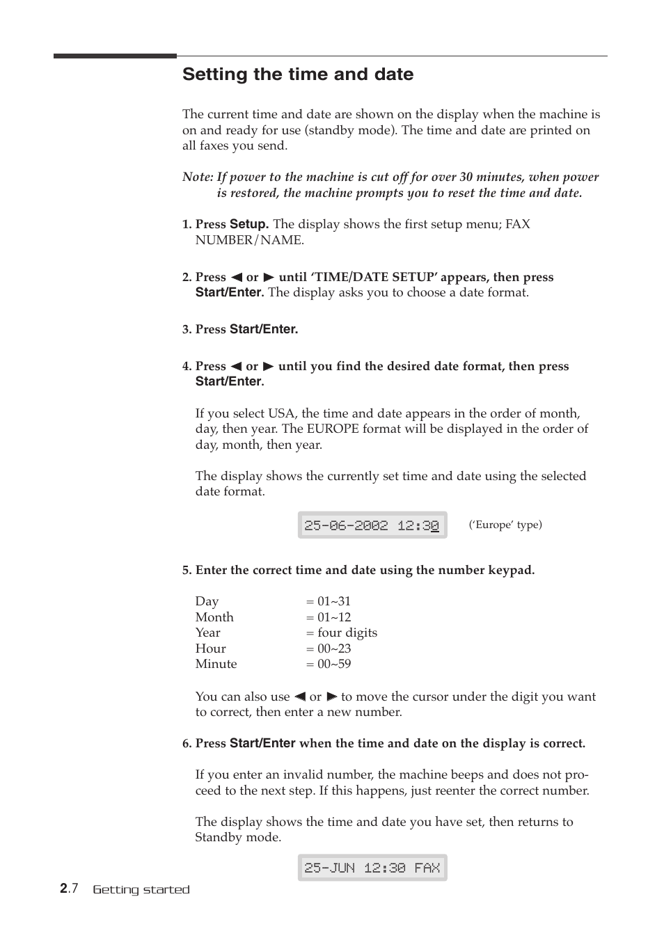 Setting the time and date | Samsung SF-515 User Manual | Page 28 / 48