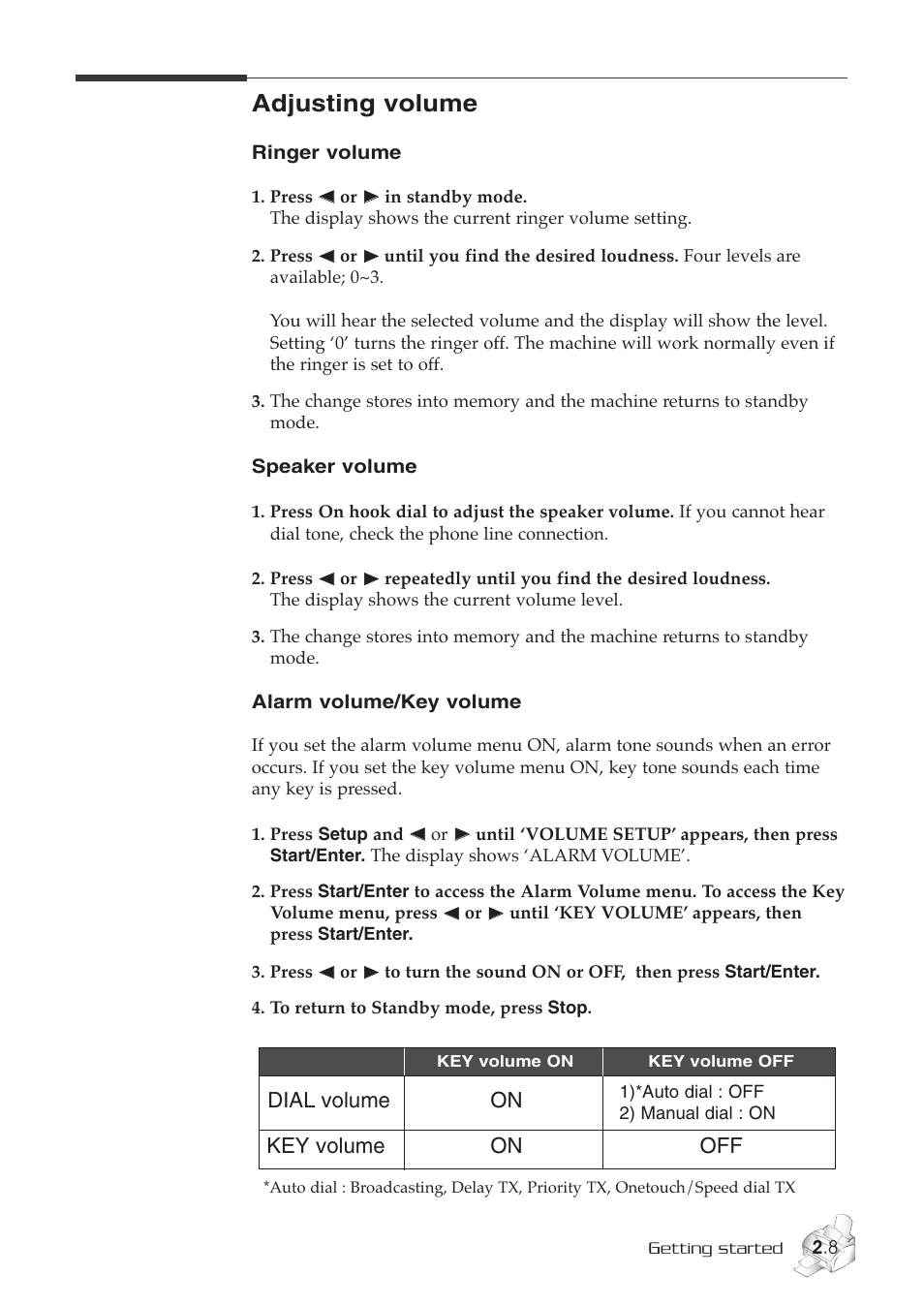 Adjusting volume, Dial volume on, On off key volume | Samsung SF-515 User Manual | Page 29 / 48