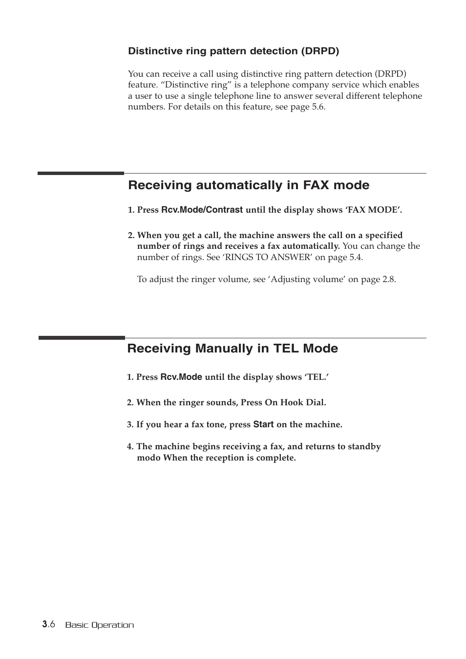 Receiving automatically in fax mode, Receiving manually in tel mode | Samsung SF-515 User Manual | Page 36 / 48