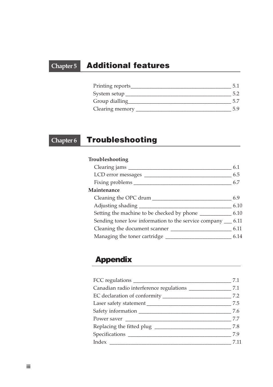 Additional features, Troubleshooting, Appendix | Samsung SF-515 User Manual | Page 5 / 48