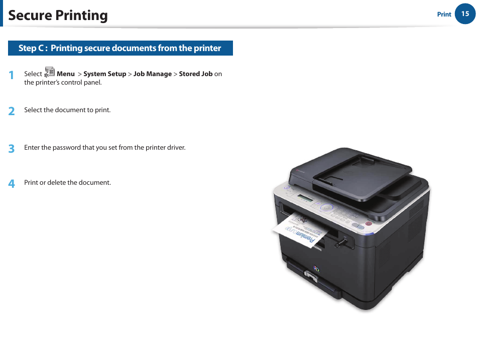 Secure printing | Samsung All in One Printer User Manual | Page 15 / 60