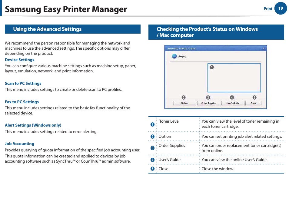 Samsung easy printer manager, Using the advanced settings | Samsung All in One Printer User Manual | Page 19 / 60