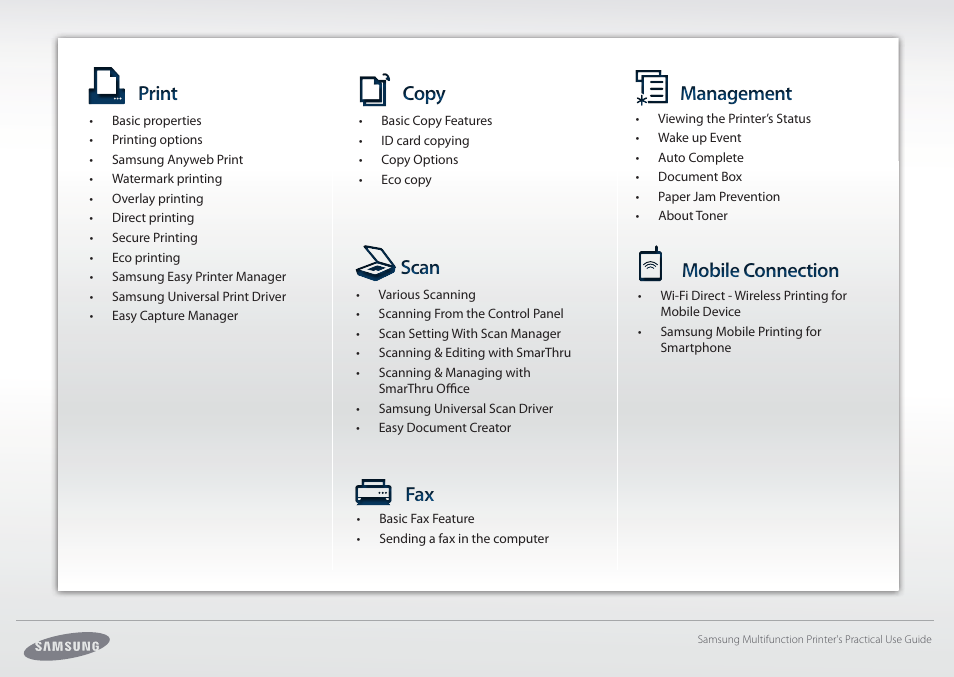 Print, Copy, Scan | Mobile connection, Management | Samsung All in One Printer User Manual | Page 2 / 60