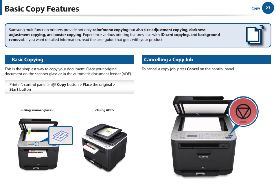 Basic copy features | Samsung All in One Printer User Manual | Page 23 / 60