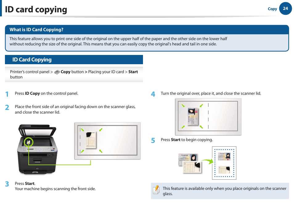 Id card copying | Samsung All in One Printer User Manual | Page 24 / 60