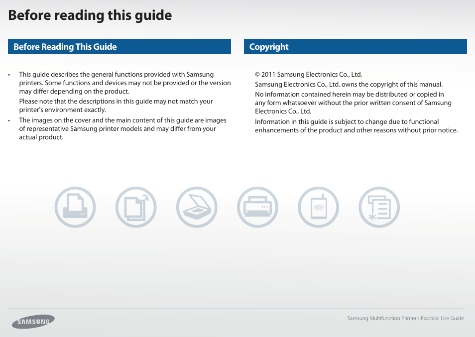 Before reading this guide | Samsung All in One Printer User Manual | Page 3 / 60