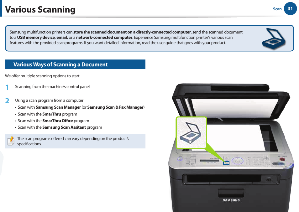 Various scanning | Samsung All in One Printer User Manual | Page 31 / 60