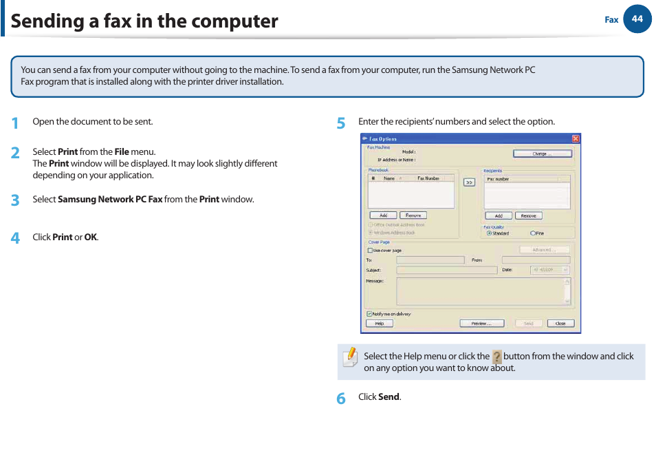 Sending a fax in the computer | Samsung All in One Printer User Manual | Page 44 / 60
