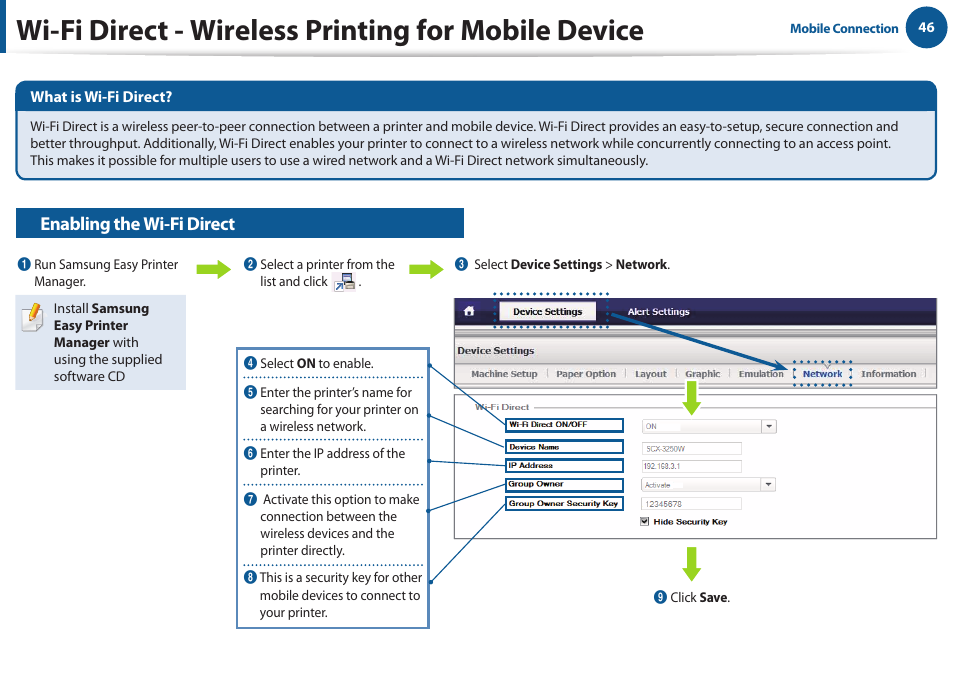 Wi-fi direct - wireless printing for mobile device, Enabling the wi-fi direct | Samsung All in One Printer User Manual | Page 46 / 60