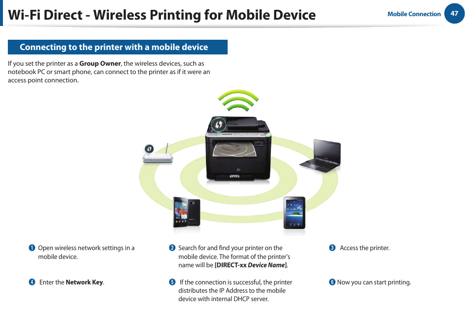 Wi-fi direct - wireless printing for mobile device | Samsung All in One Printer User Manual | Page 47 / 60
