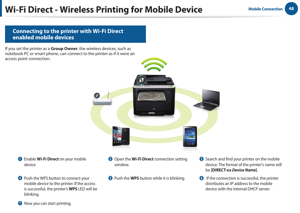 Wi-fi direct - wireless printing for mobile device | Samsung All in One Printer User Manual | Page 48 / 60