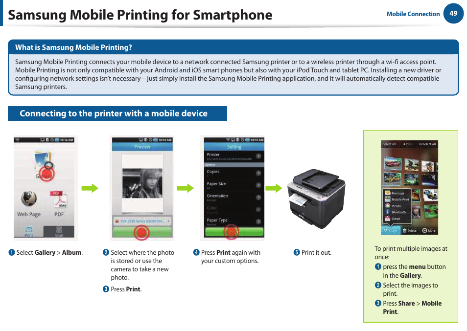 Samsung mobile printing for smartphone, Connecting to the printer with a mobile device | Samsung All in One Printer User Manual | Page 49 / 60