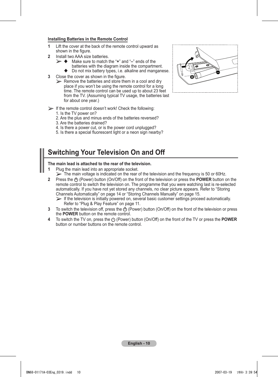 Switching your television on and off | Samsung BN68-01171B-03 User Manual | Page 10 / 65