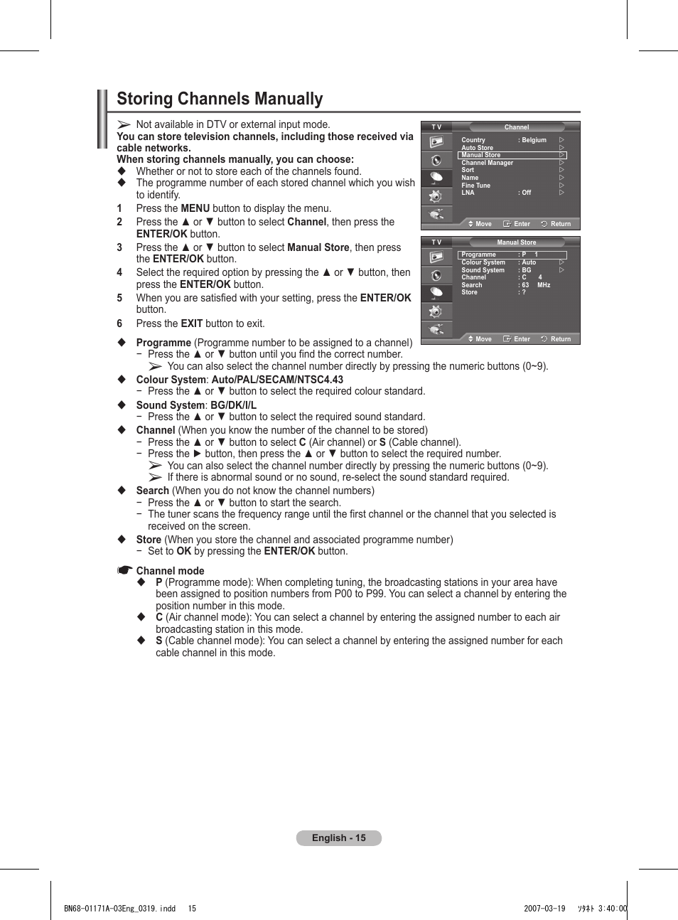 Storing channels manually | Samsung BN68-01171B-03 User Manual | Page 15 / 65