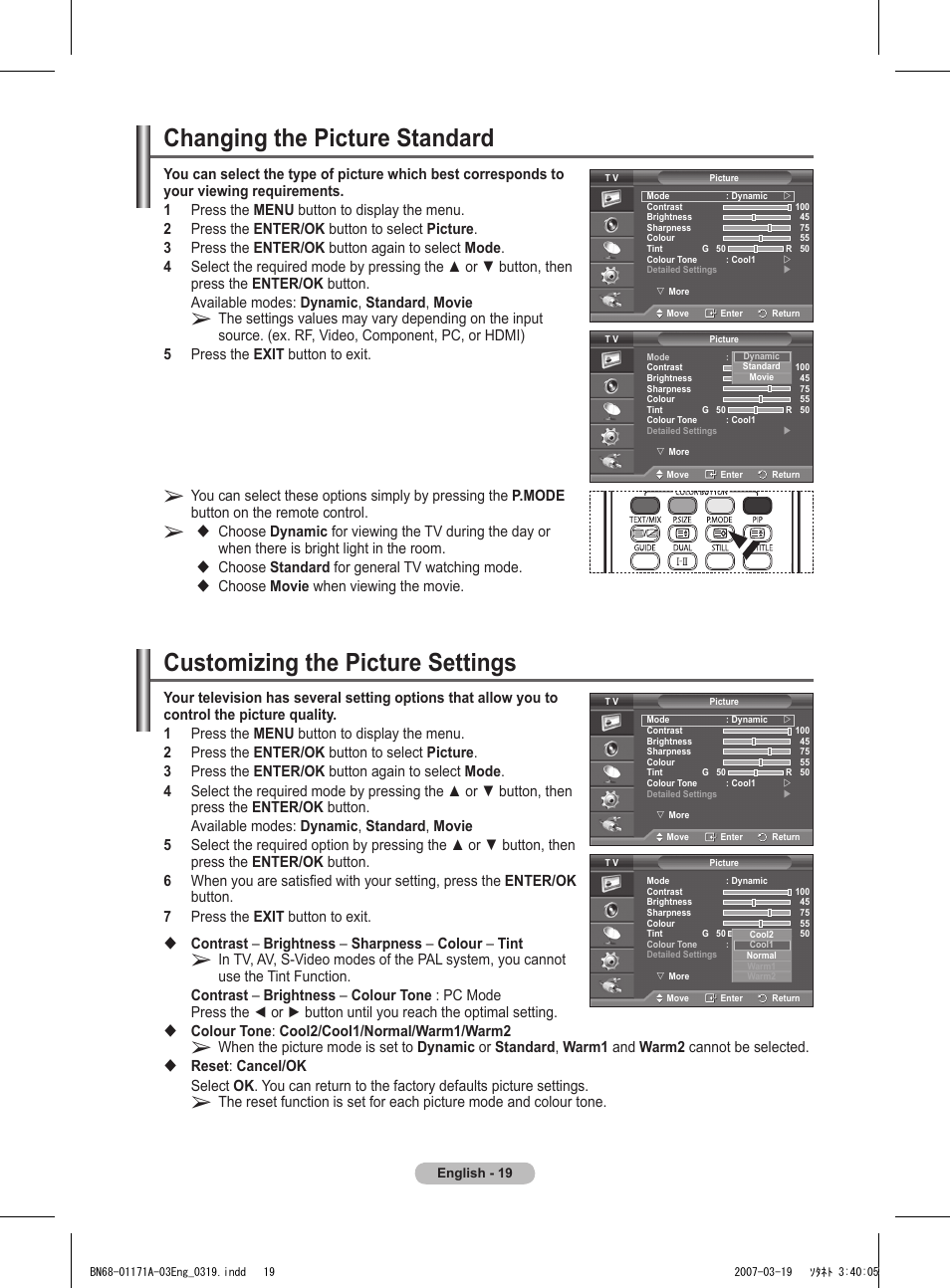 Changing the picture standard, Customizing the picture settings, Choose standard for general tv watching mode | Choose movie when viewing the movie | Samsung BN68-01171B-03 User Manual | Page 19 / 65