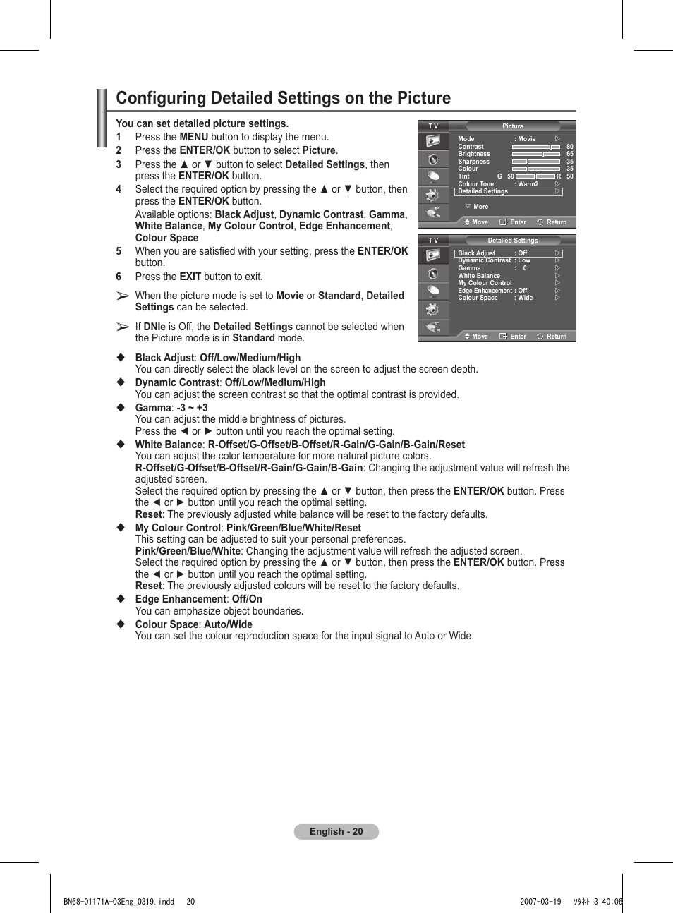 Configuring detailed settings on the picture | Samsung BN68-01171B-03 User Manual | Page 20 / 65