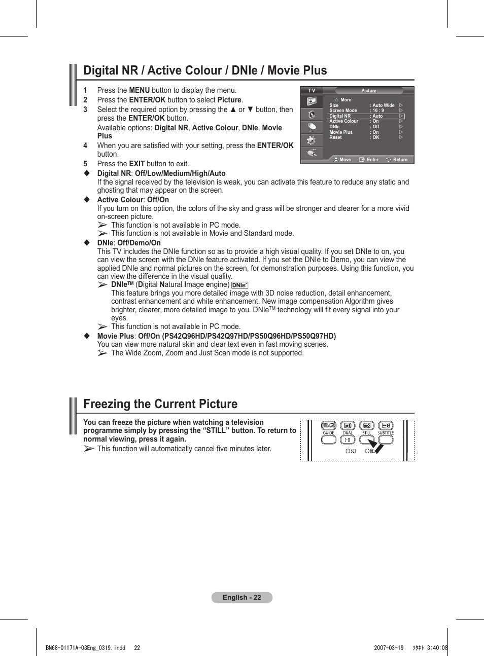 Digital nr / active colour / dnie / movie plus, Freezing the current picture | Samsung BN68-01171B-03 User Manual | Page 22 / 65