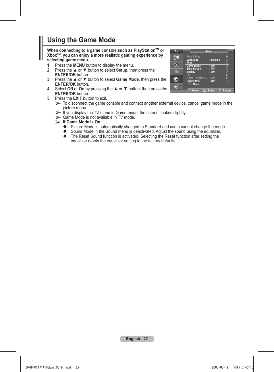 Using the game mode | Samsung BN68-01171B-03 User Manual | Page 27 / 65
