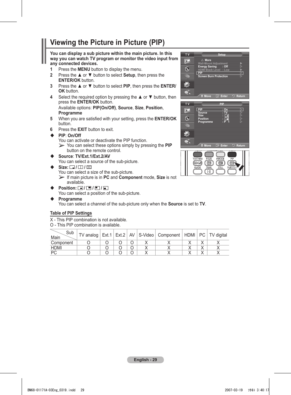 Viewing the picture in picture (pip) | Samsung BN68-01171B-03 User Manual | Page 29 / 65