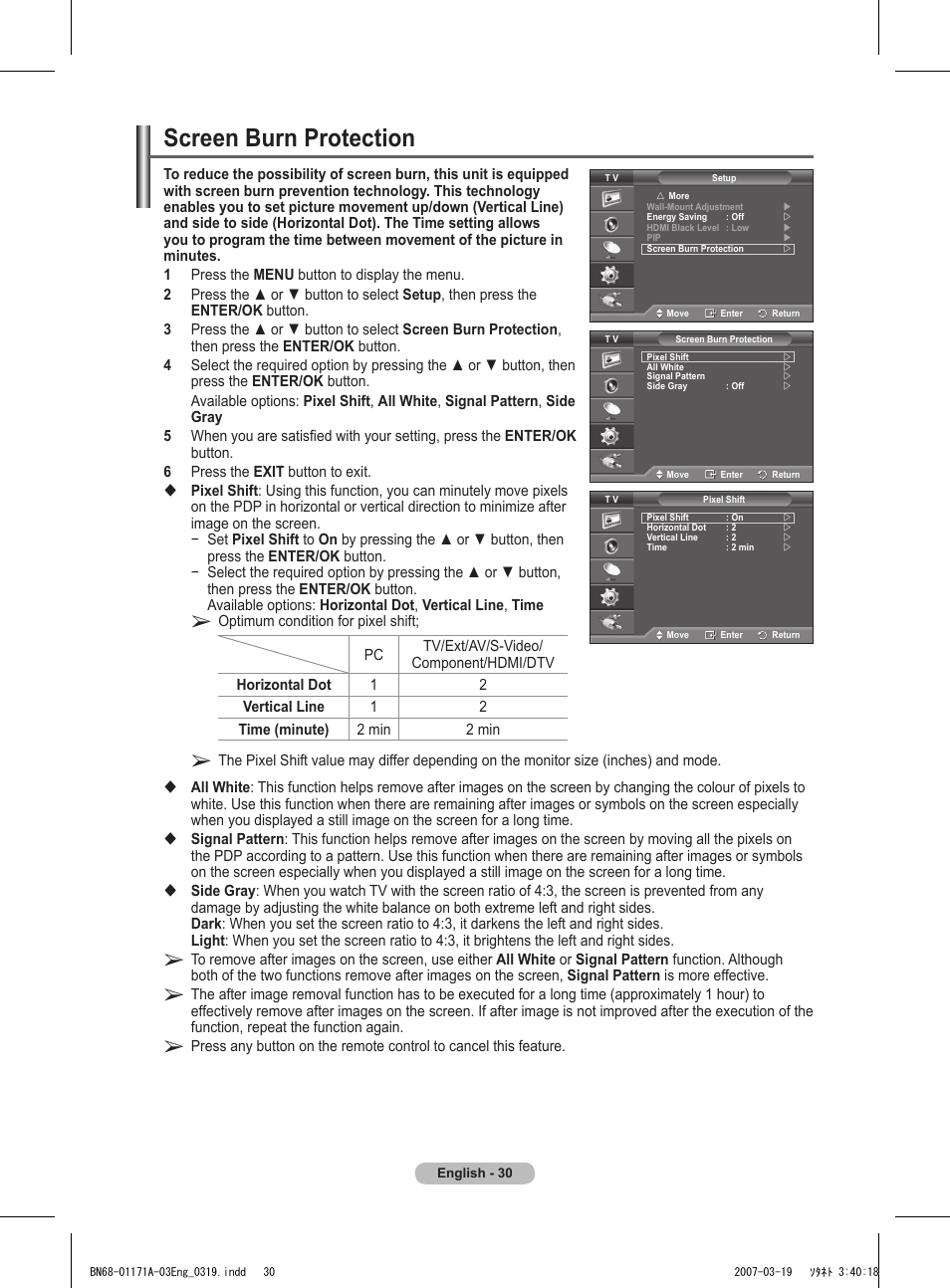 Screen burn protection | Samsung BN68-01171B-03 User Manual | Page 30 / 65