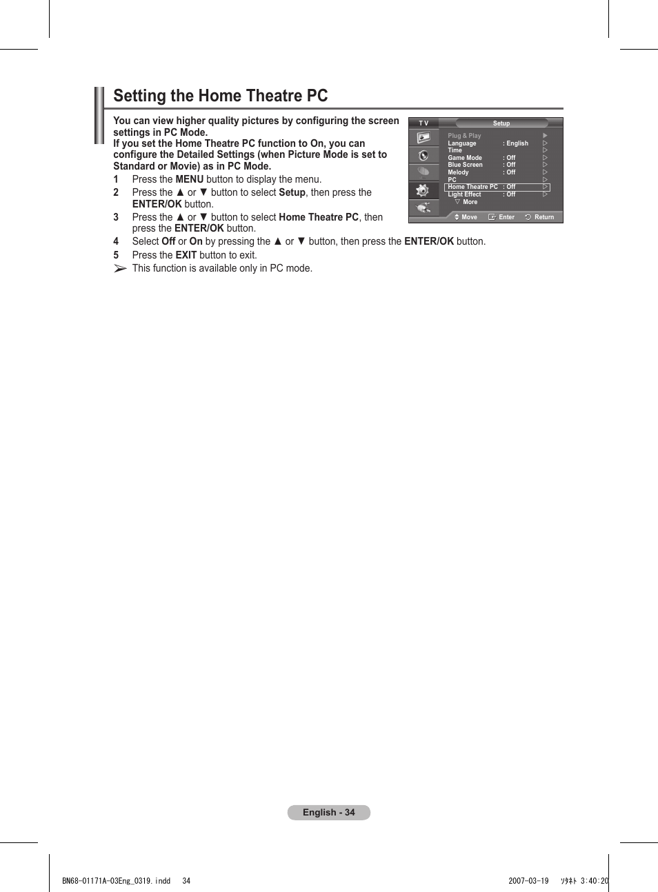 Setting the home theatre pc, This function is available only in pc mode | Samsung BN68-01171B-03 User Manual | Page 34 / 65