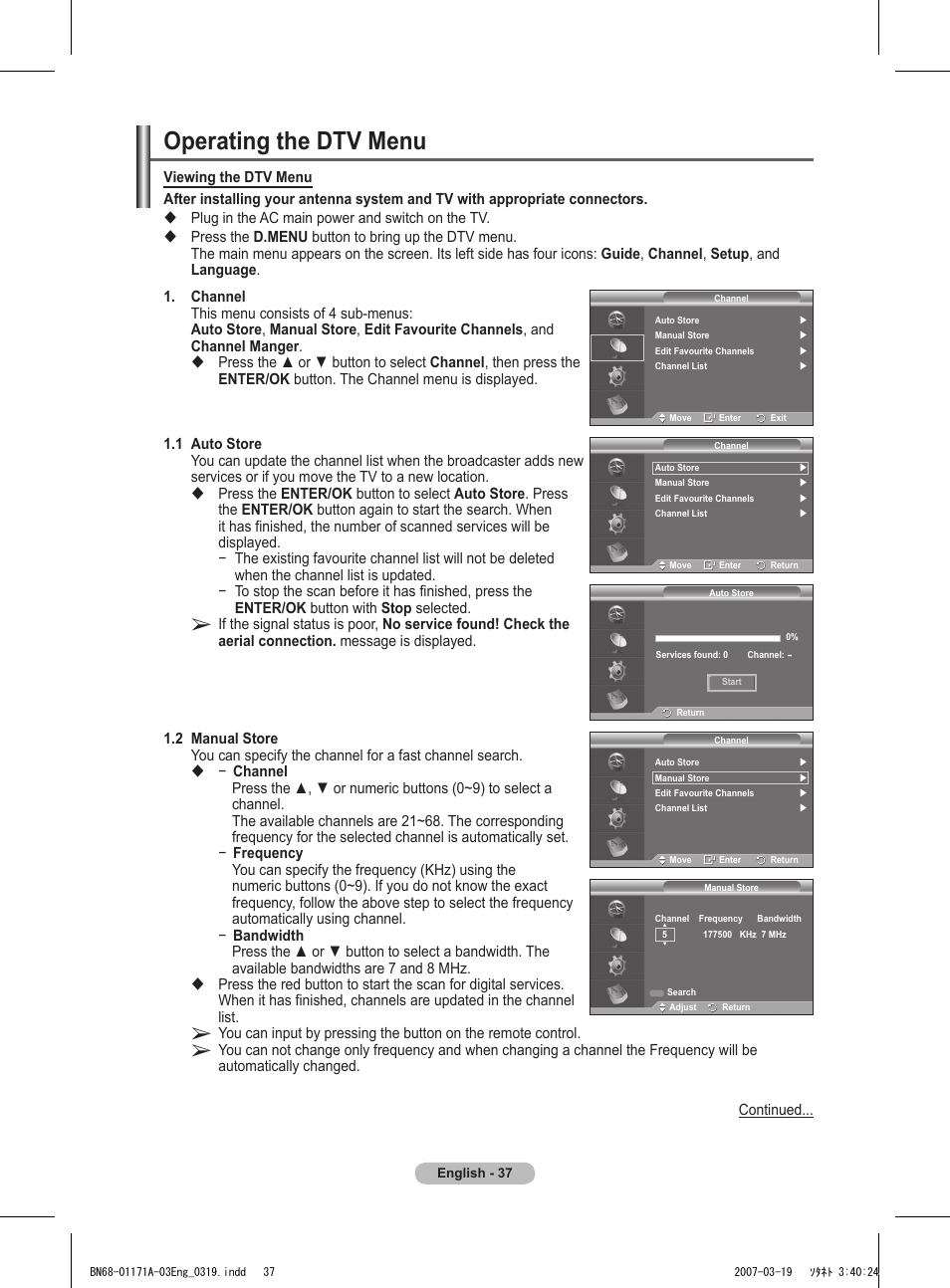 Operating the dtv menu | Samsung BN68-01171B-03 User Manual | Page 37 / 65