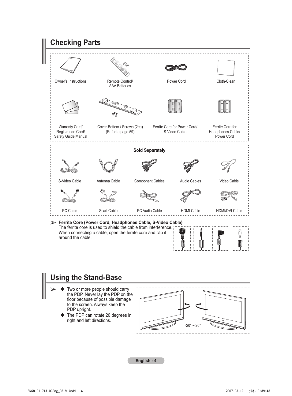 Checking parts, Using the stand-base | Samsung BN68-01171B-03 User Manual | Page 4 / 65