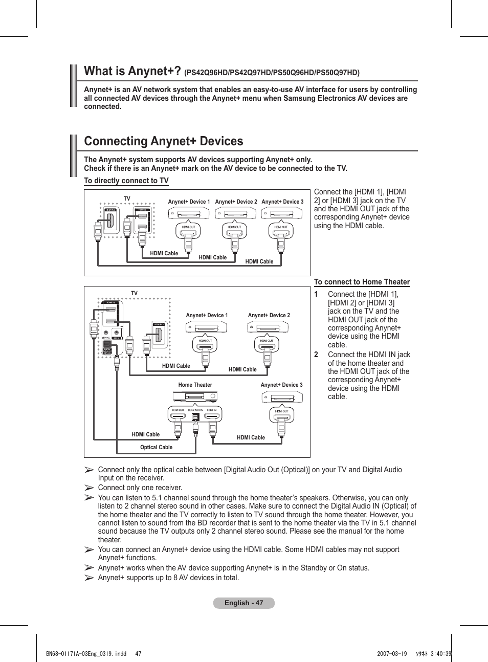 Connecting anynet+ devices, What is anynet | Samsung BN68-01171B-03 User Manual | Page 47 / 65