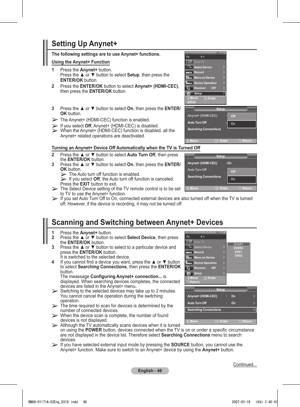 Setting up anynet, Scanning and switching between anynet+ devices | Samsung BN68-01171B-03 User Manual | Page 48 / 65