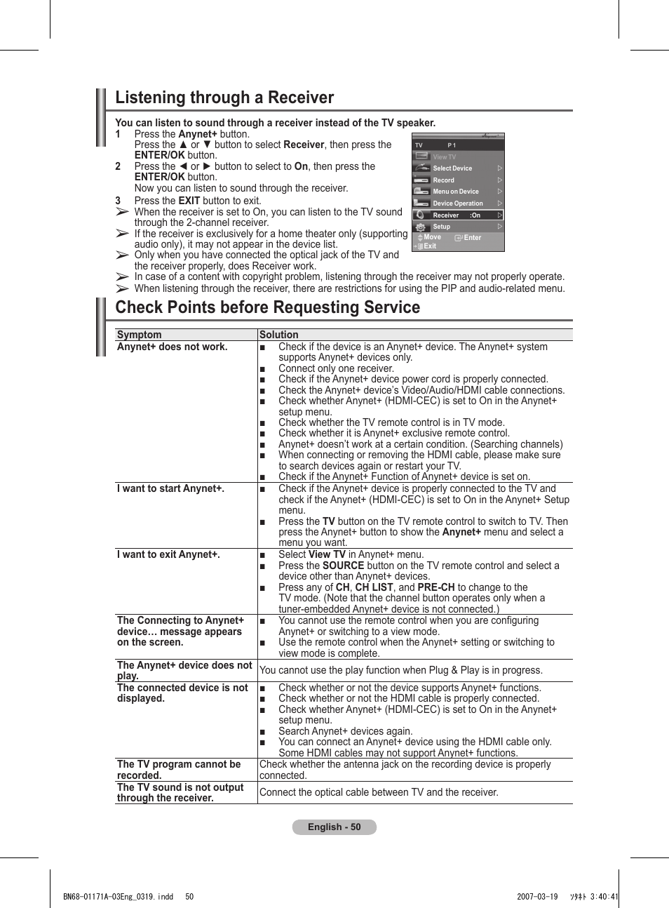 Listening through a receiver, Check points before requesting service | Samsung BN68-01171B-03 User Manual | Page 50 / 65