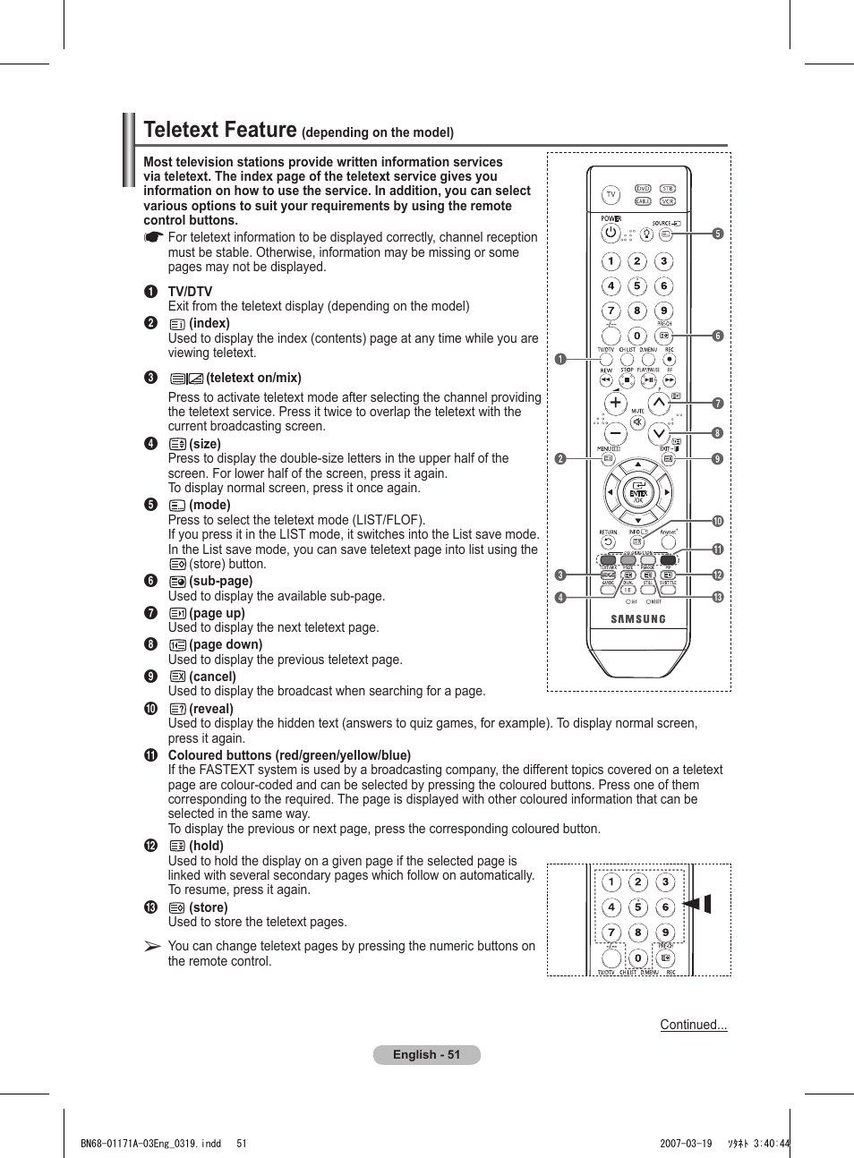 Teletext feature (depending on the model), Teletext feature | Samsung BN68-01171B-03 User Manual | Page 51 / 65