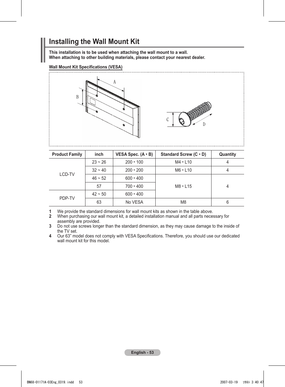Installing the wall mount kit | Samsung BN68-01171B-03 User Manual | Page 53 / 65