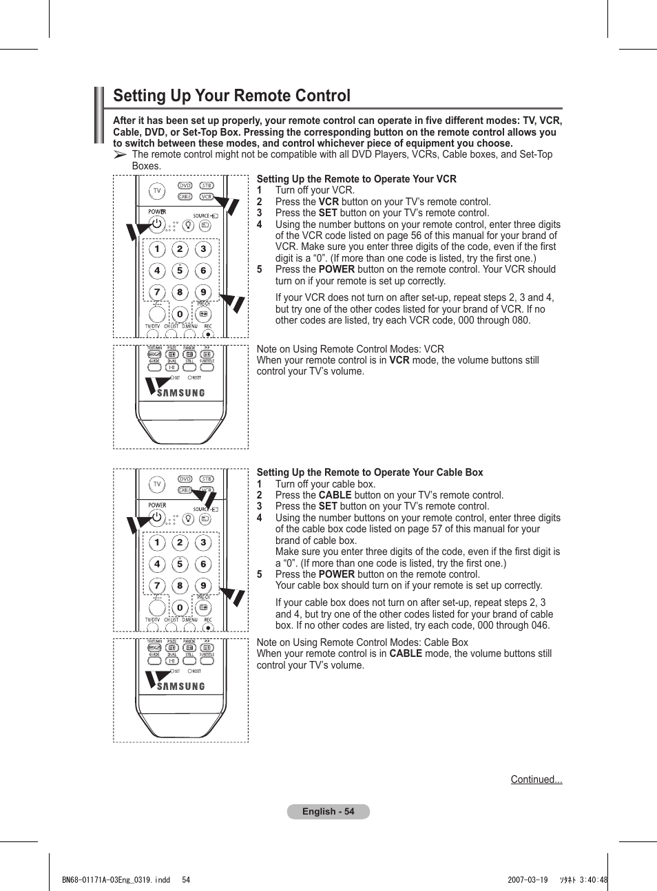 Setting up your remote control | Samsung BN68-01171B-03 User Manual | Page 54 / 65