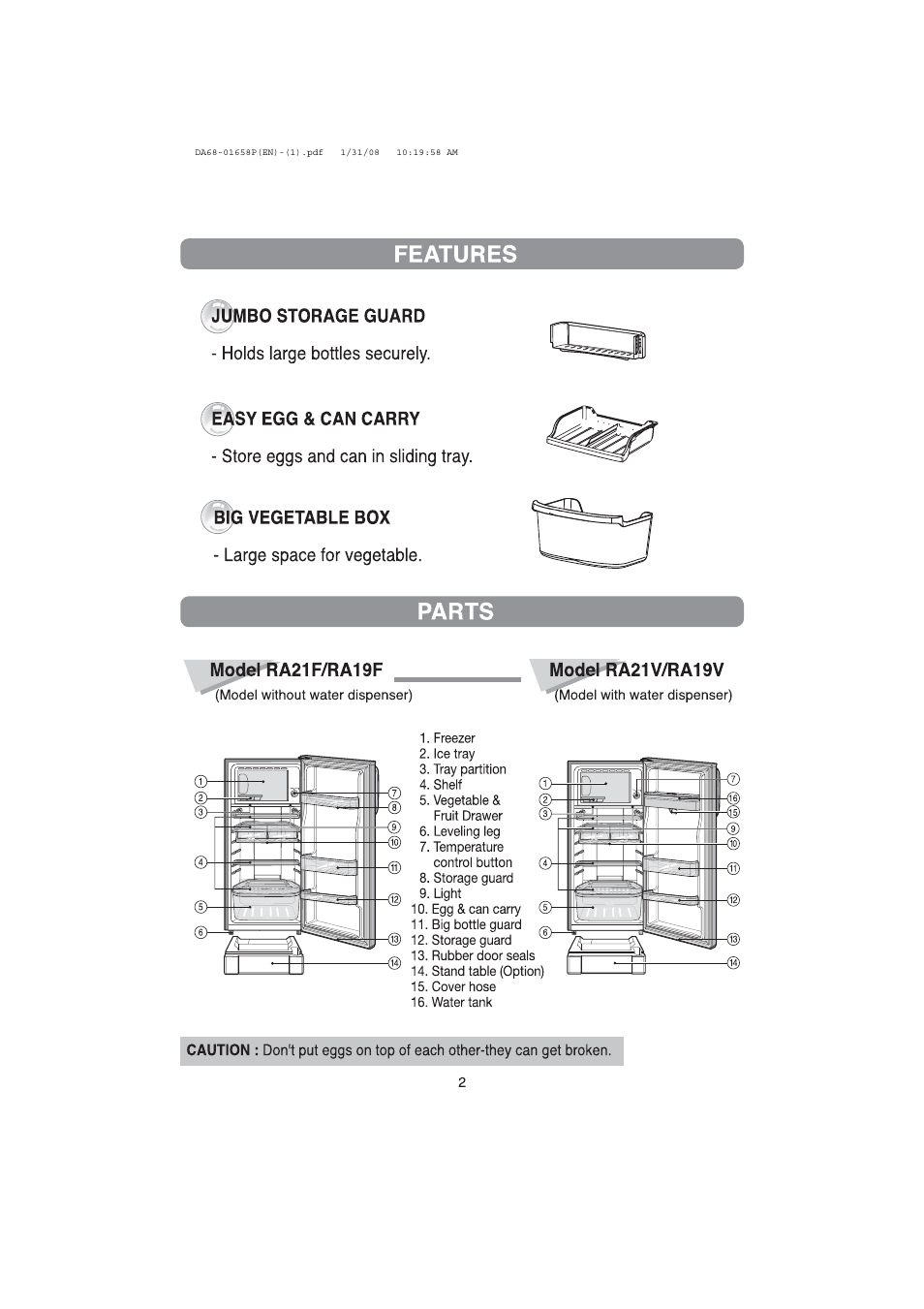 Bo storage guard, Holds large bottles securely, Sy egg & can carry | Store eggs and can in sliding tray, Vegetable box, Large space for vegetable, A21f/ra19f, Model ra21v/ra19v, Features, Parts | Samsung RA19V User Manual | Page 2 / 8