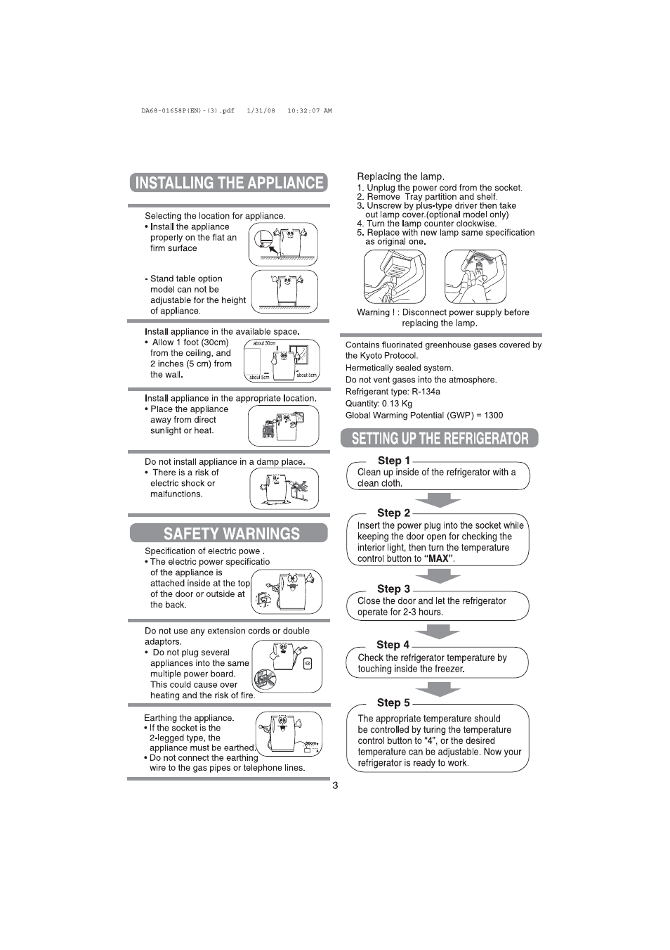 Installing the appliance, Safety warnings, Setting up the refrigerator | Samsung RA19V User Manual | Page 3 / 8
