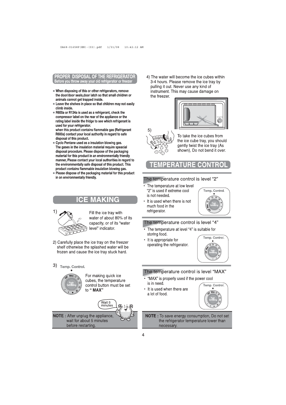 Ice making, Temperature control, Proper disposal of the refrigerator | The temperature control is level “2, The temperature control is level “4, Ujt^jenlperature control is level “max | Samsung RA19V User Manual | Page 4 / 8