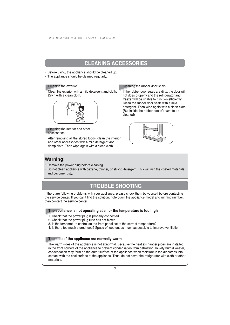 Warning, The side of the appliance are normally warm, Cleaning accessories | Trouble shooting | Samsung RA19V User Manual | Page 7 / 8