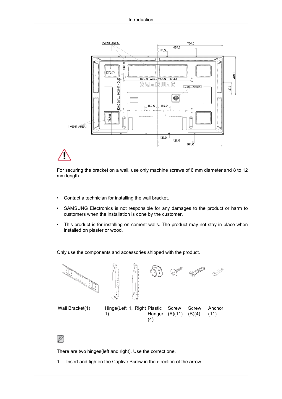 Dimensions, Wall bracket installation, Components | Wall bracket assembly | Samsung 650TS User Manual | Page 12 / 29