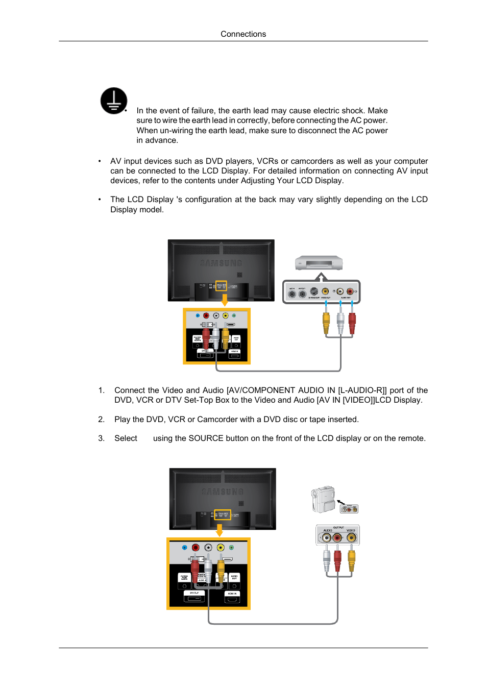 Connecting to other devices, Connecting av devices, Connecting to a camcorder | Samsung 650TS User Manual | Page 19 / 29