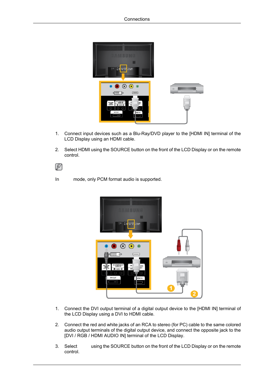 Connecting using a hdmi cable, Connecting using a dvi to hdmi cable | Samsung 650TS User Manual | Page 21 / 29